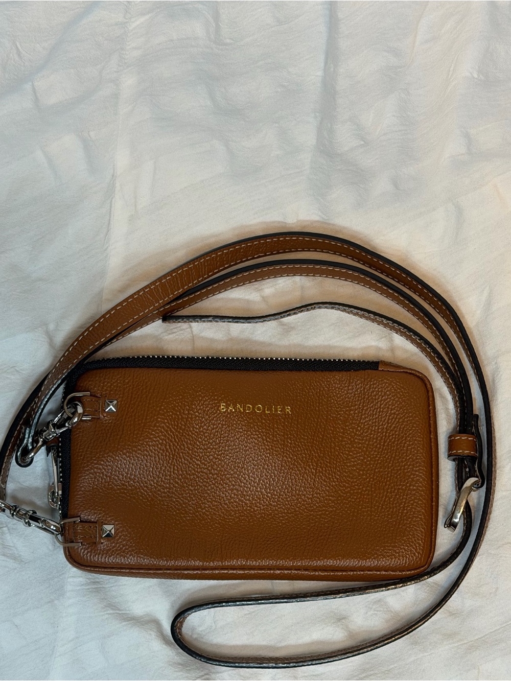 Bandolier Brown Pebbled Leather Mini Crossbody Phone Bag